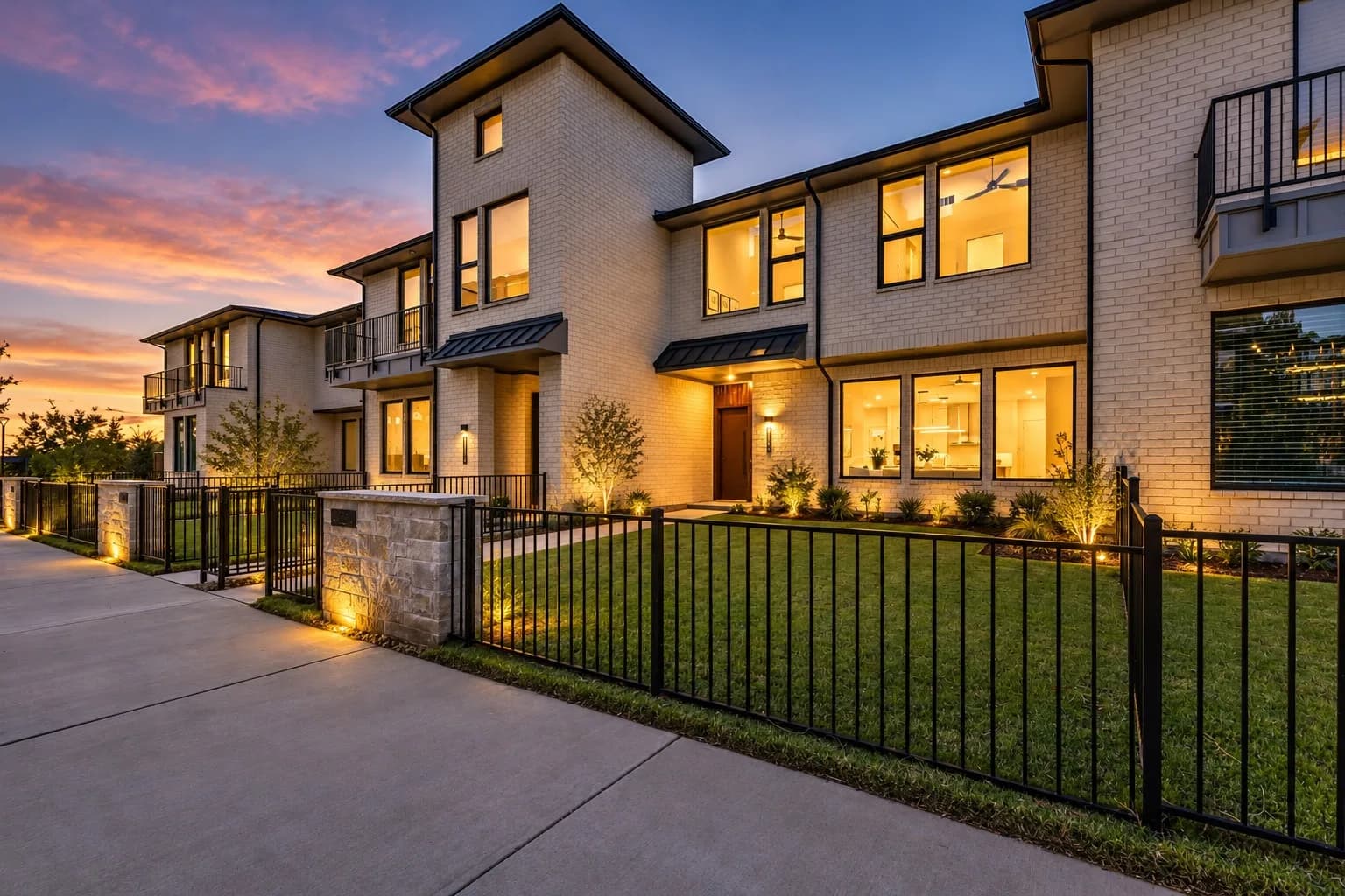 Southstone Yards townhomes and gated front yards at twilight